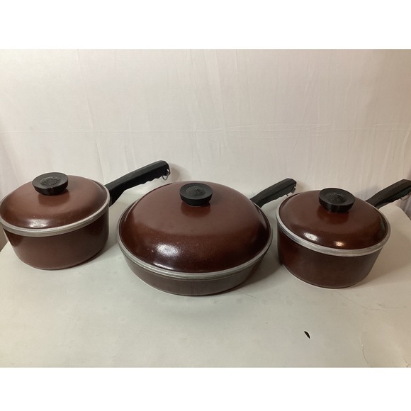 Vintage Club Aluminum Cookware Set 3 Piece Brown Pots Pans Lids Kitchen - Picture 1 of 11